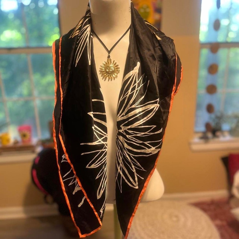 Black & orange silk scarf with white abstract leaf-like design Old money